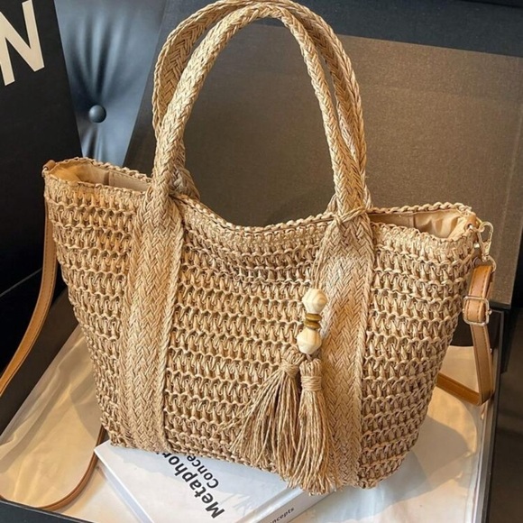 Chic Woven Tote Bag with Tassel Accent - Picture 1 of 10